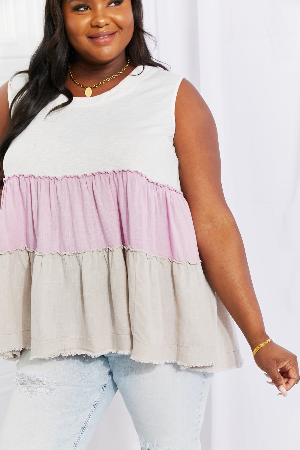 White BirchColor Block Sleeveless Babydoll Top in Lavender