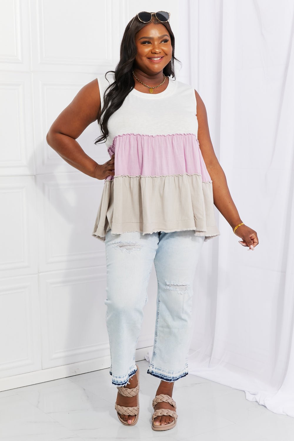 White BirchColor Block Sleeveless Babydoll Top in Lavender