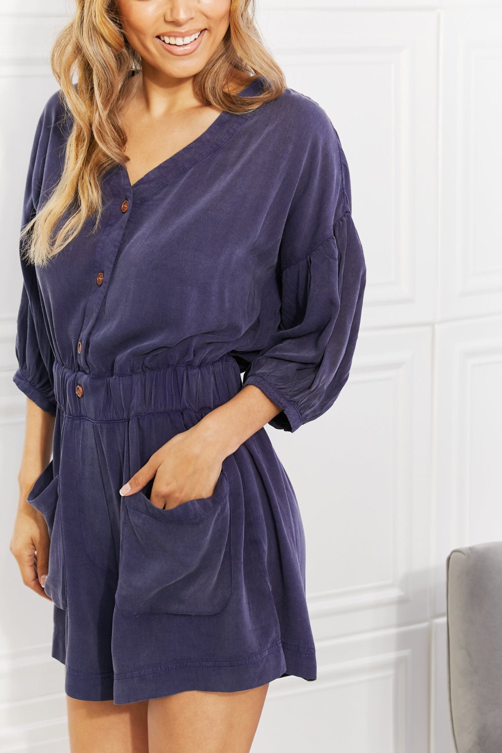 White BirchThree - Quarter Sleeve Romper in Indigo