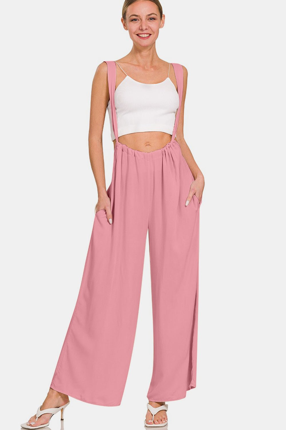 Wide Leg Tie Back Overalls in Light RoseOverallsZenana