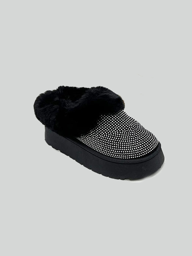 WILD DIVA - Black Rhinestone Fuzzy Suede Platform Slippers