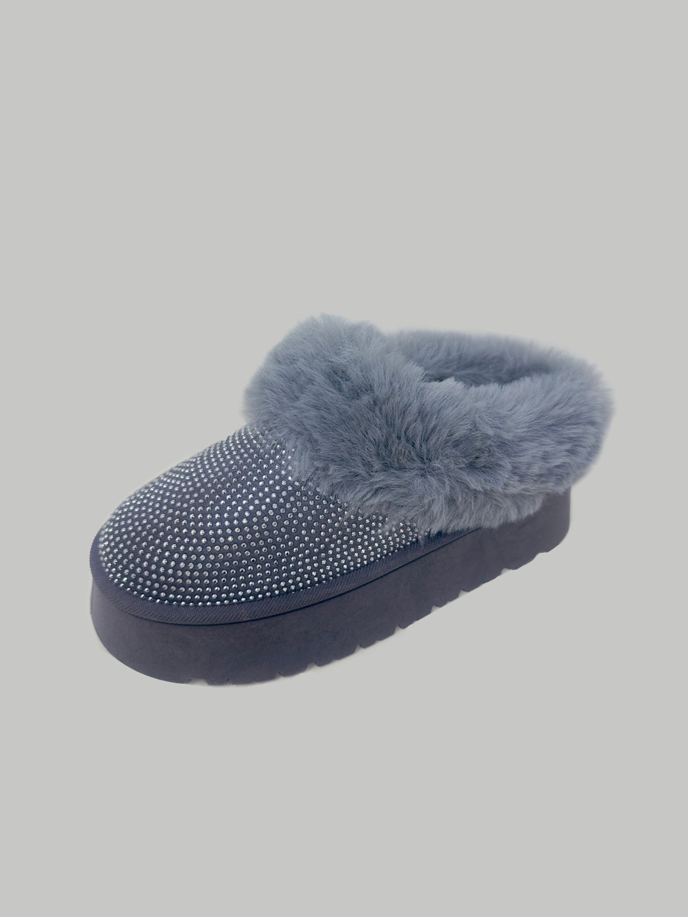 WILD DIVA - Gray Rhinestone Fuzzy Suede Platform Slippers