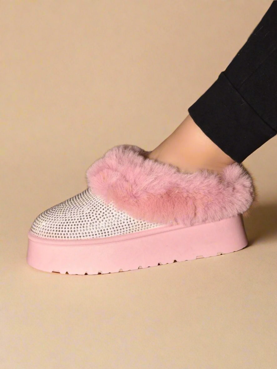 WILD DIVA - Pink Rhinestone Fuzzy Suede Platform Slippers