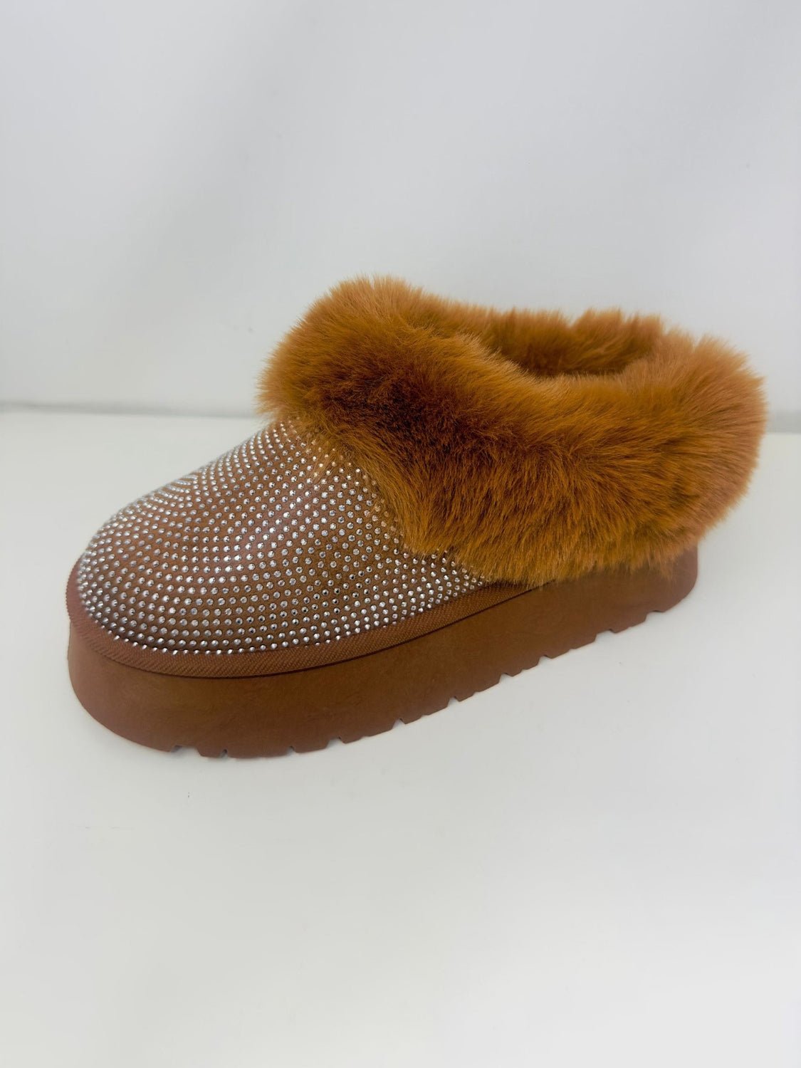 WILD DIVA - Rhinestone Fuzzy Suede Platform Slippers in Chestnut