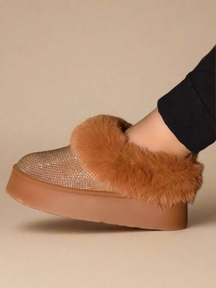 WILD DIVA - Rhinestone Fuzzy Suede Platform Slippers in Chestnut