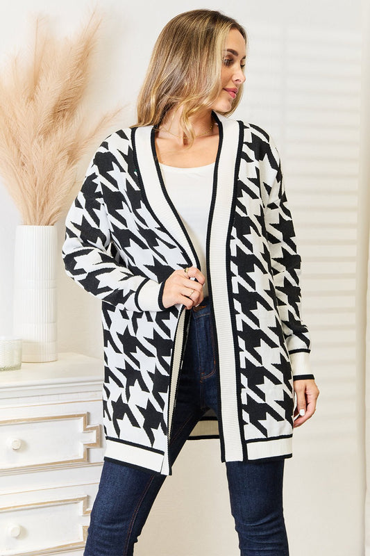 Woven Right - Black & White Houndstooth Open Front Longline Cardigan