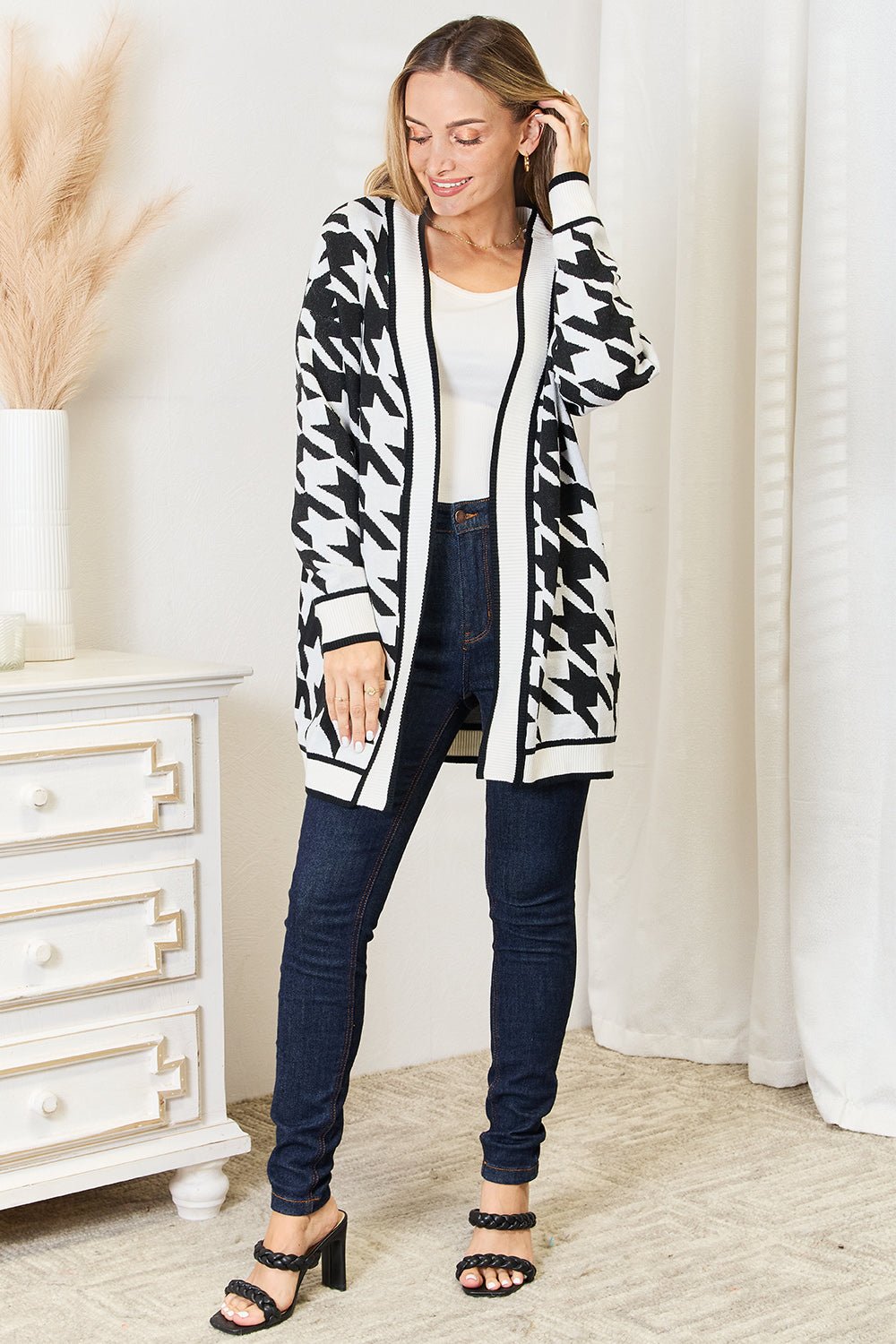 Woven Right - Black & White Houndstooth Open Front Longline Cardigan