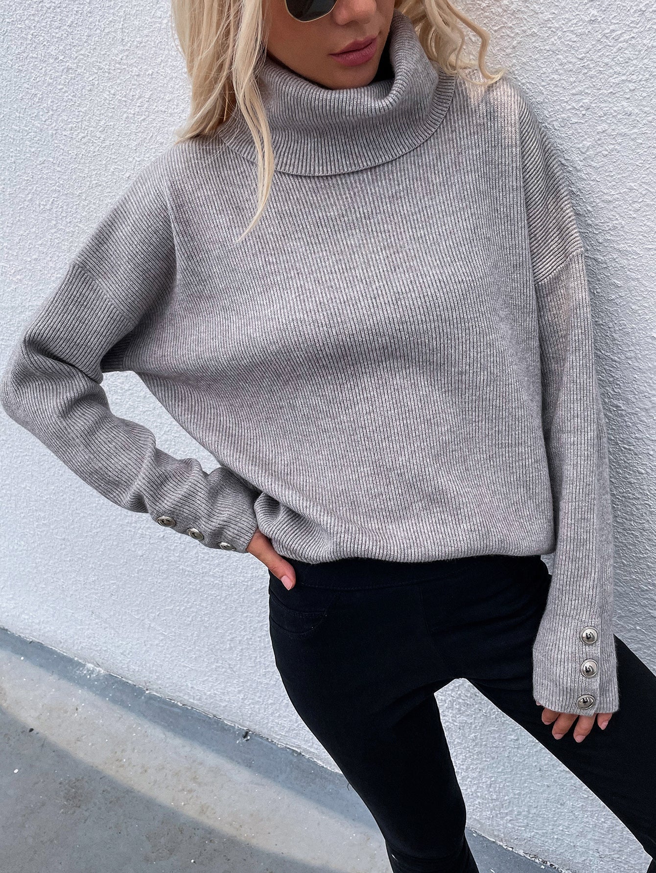 Woven Right - Button Detail Turtleneck Sweater