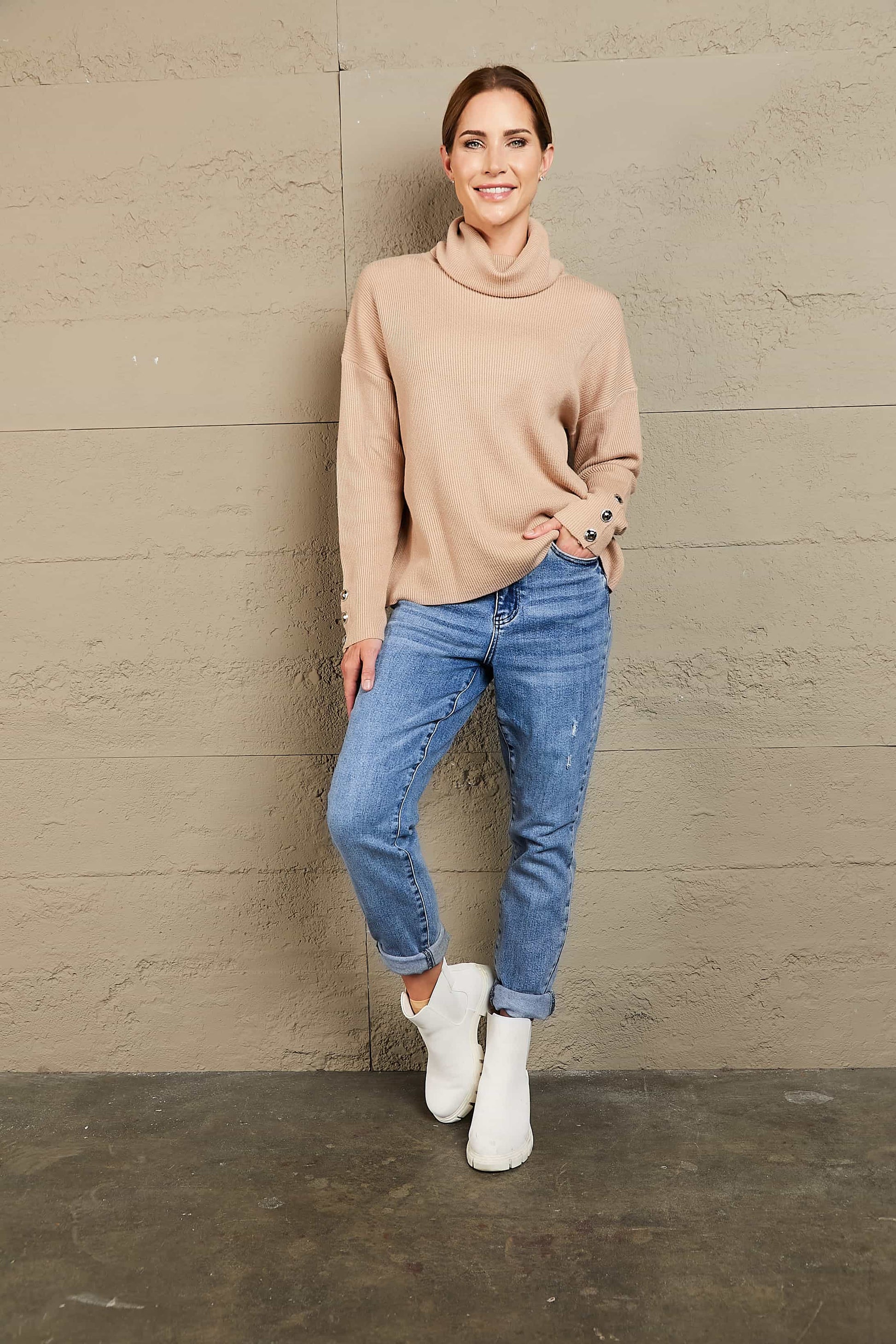 Woven Right - Button Detail Turtleneck Sweater