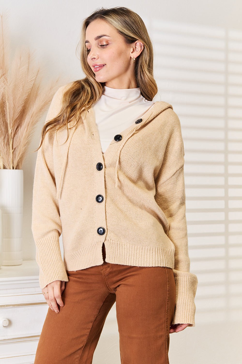 Woven Right - Button - Down Long Sleeve Hooded Cardigan Sweater in Khaki