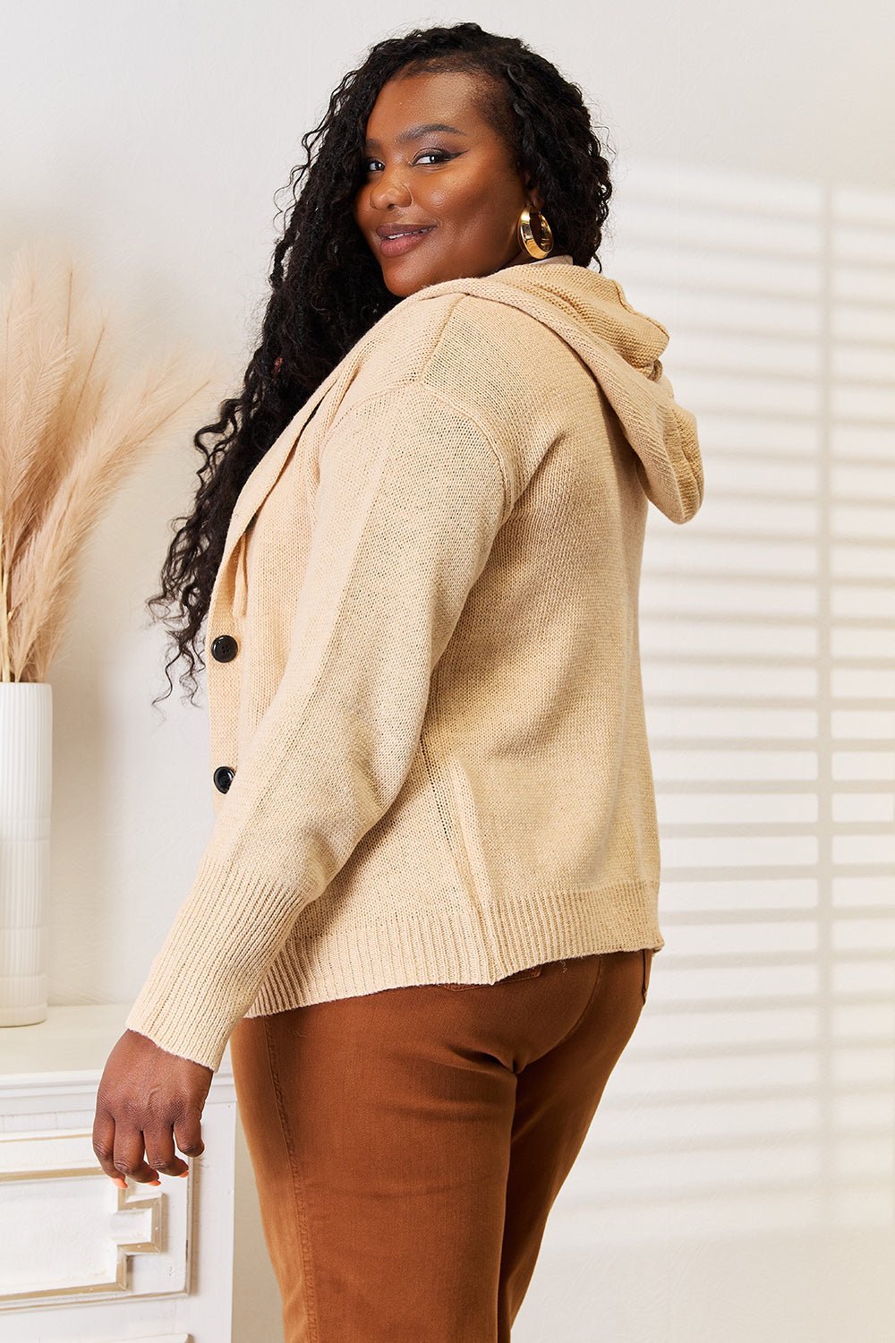 Woven Right - Button - Down Long Sleeve Hooded Cardigan Sweater in Khaki