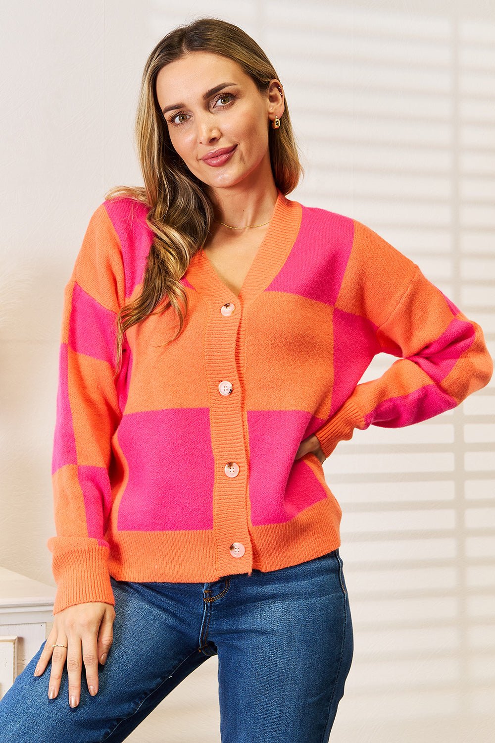 Woven Right - Checkered V - Neck Dropped Shoulder Cardigan in Hot Pink