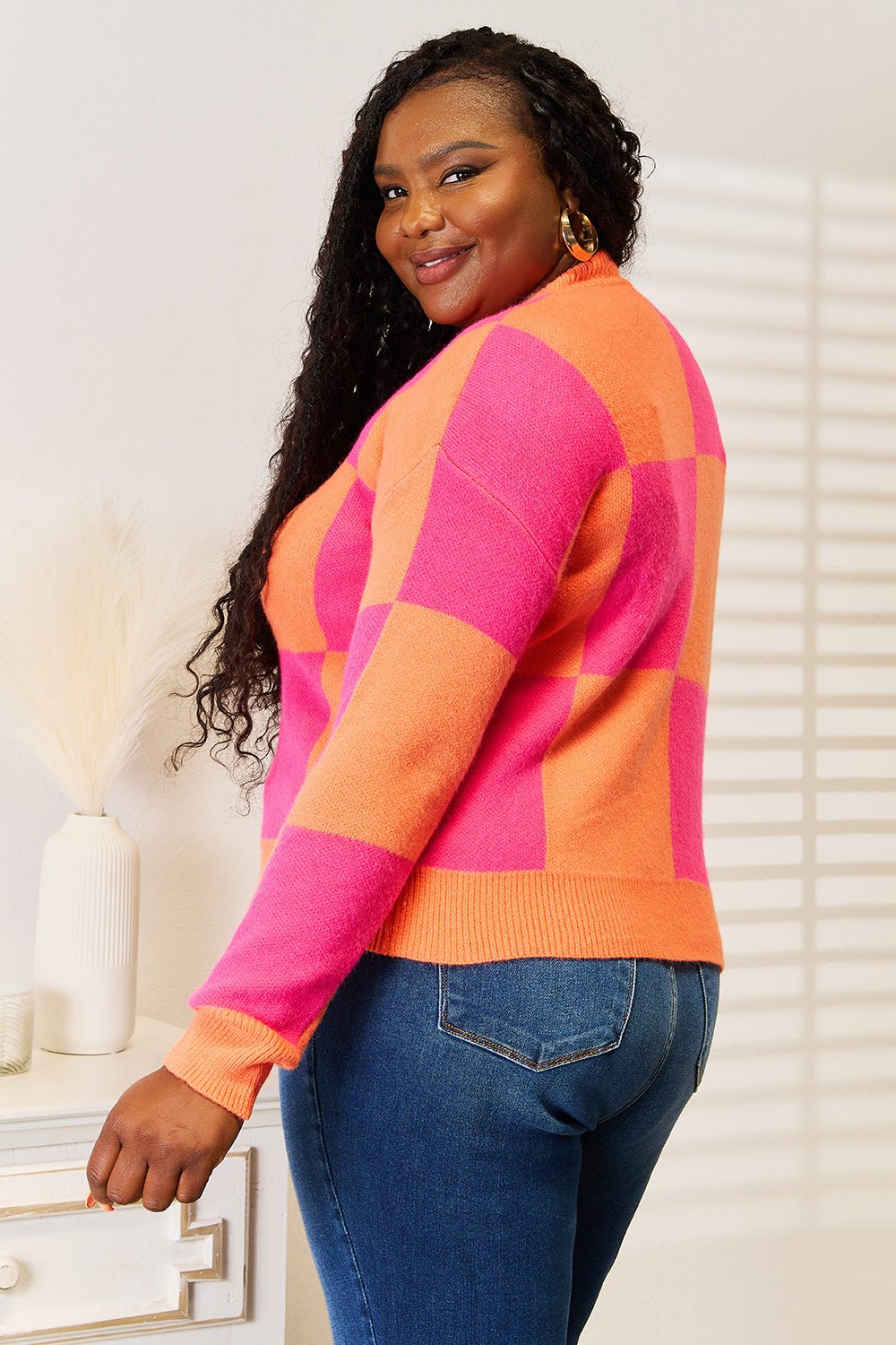 Woven Right - Checkered V - Neck Dropped Shoulder Cardigan in Hot Pink