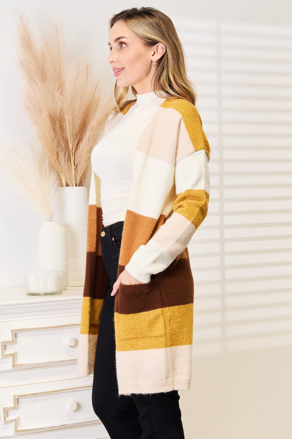 Woven Right - Color Block Dropped Shoulder Cardigan in Brown Tan