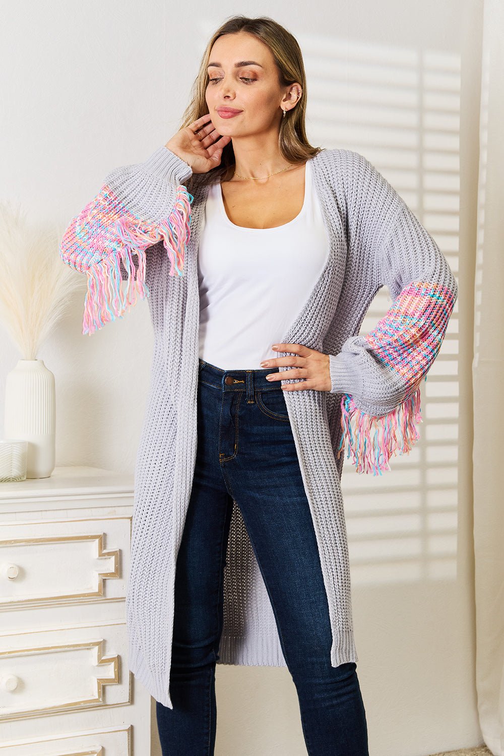 Woven Right - Fringe Sleeve Dropped Shoulder Cardigan in Cloudy Blue