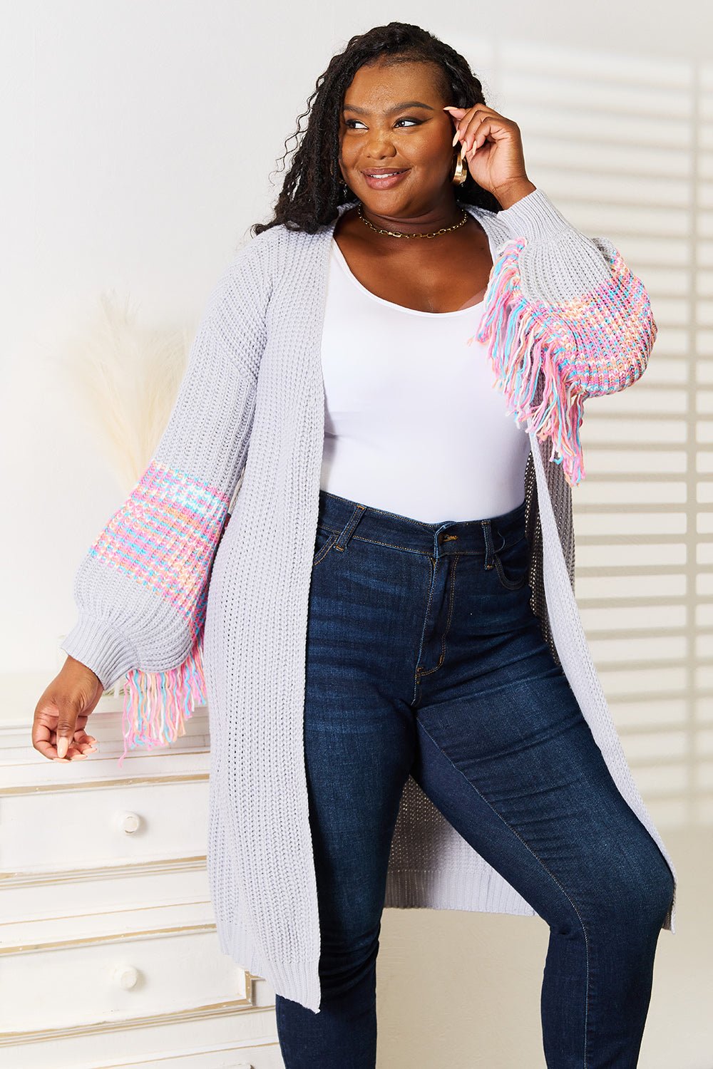 Woven Right - Fringe Sleeve Dropped Shoulder Cardigan in Cloudy Blue