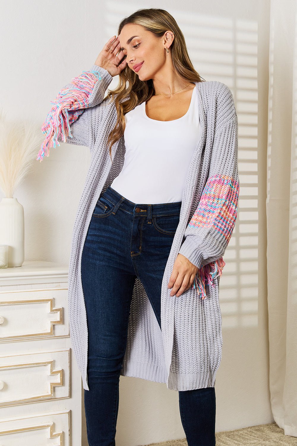 Woven Right - Fringe Sleeve Dropped Shoulder Cardigan in Cloudy Blue