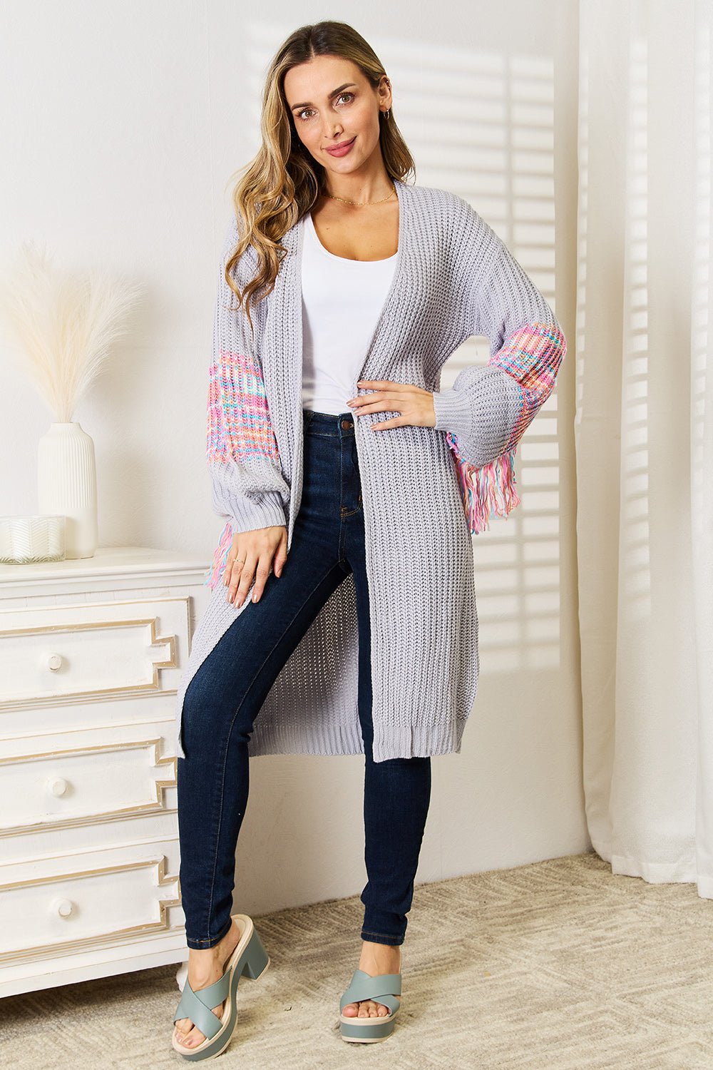 Woven Right - Fringe Sleeve Dropped Shoulder Cardigan in Cloudy Blue