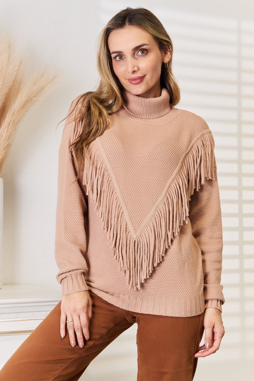 Woven Right - Turtleneck Fringe Front Long Sleeve Sweater in Camel