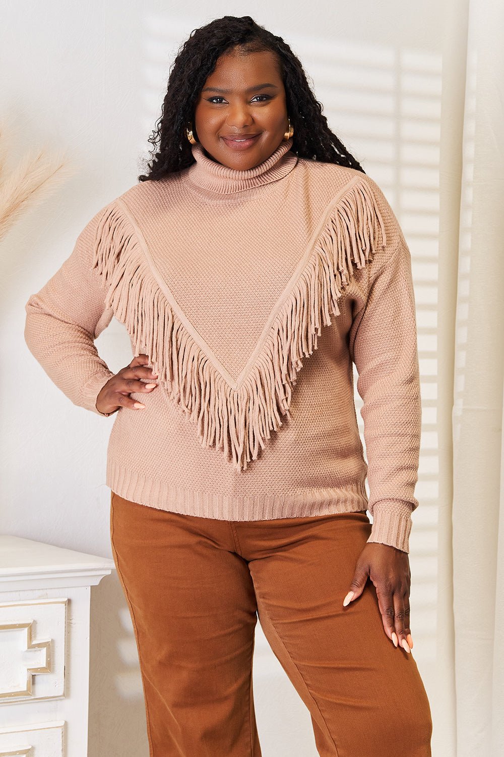 Woven Right - Turtleneck Fringe Front Long Sleeve Sweater in Camel