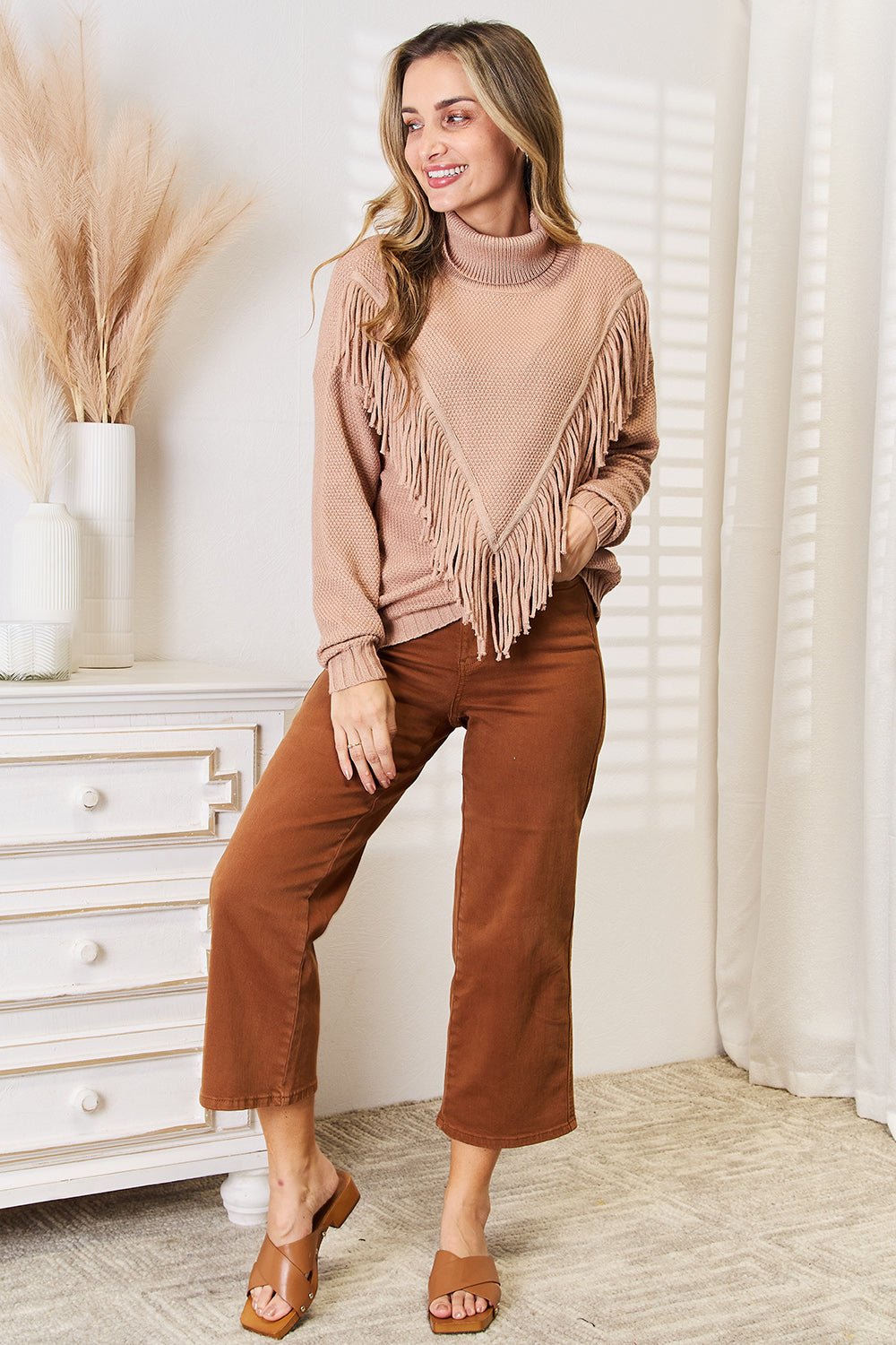 Woven Right - Turtleneck Fringe Front Long Sleeve Sweater in Camel