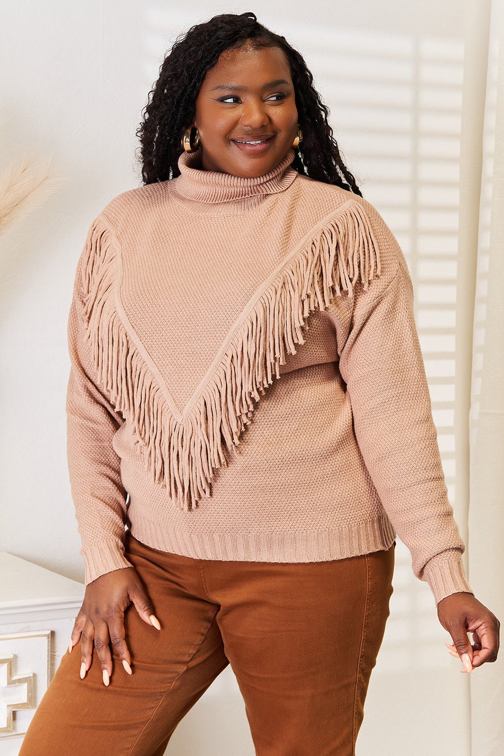 Woven Right - Turtleneck Fringe Front Long Sleeve Sweater in Camel