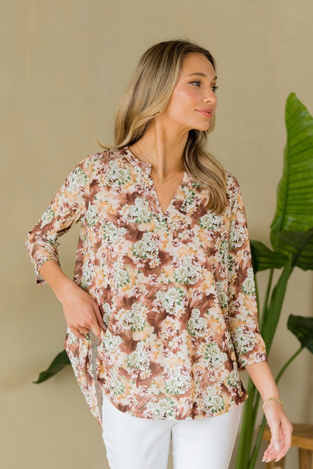 Wrinkle-Free Floral Notched Neck Top in Brown OliveTopSew In Love