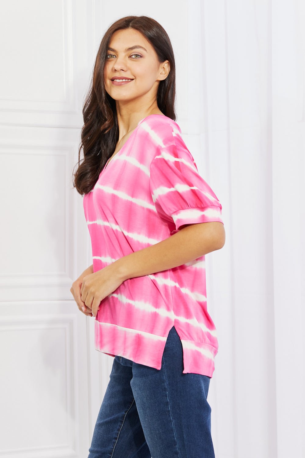 Yelete - Oversized Fit V - Neck Tie Dye Striped Top in Hot Pink