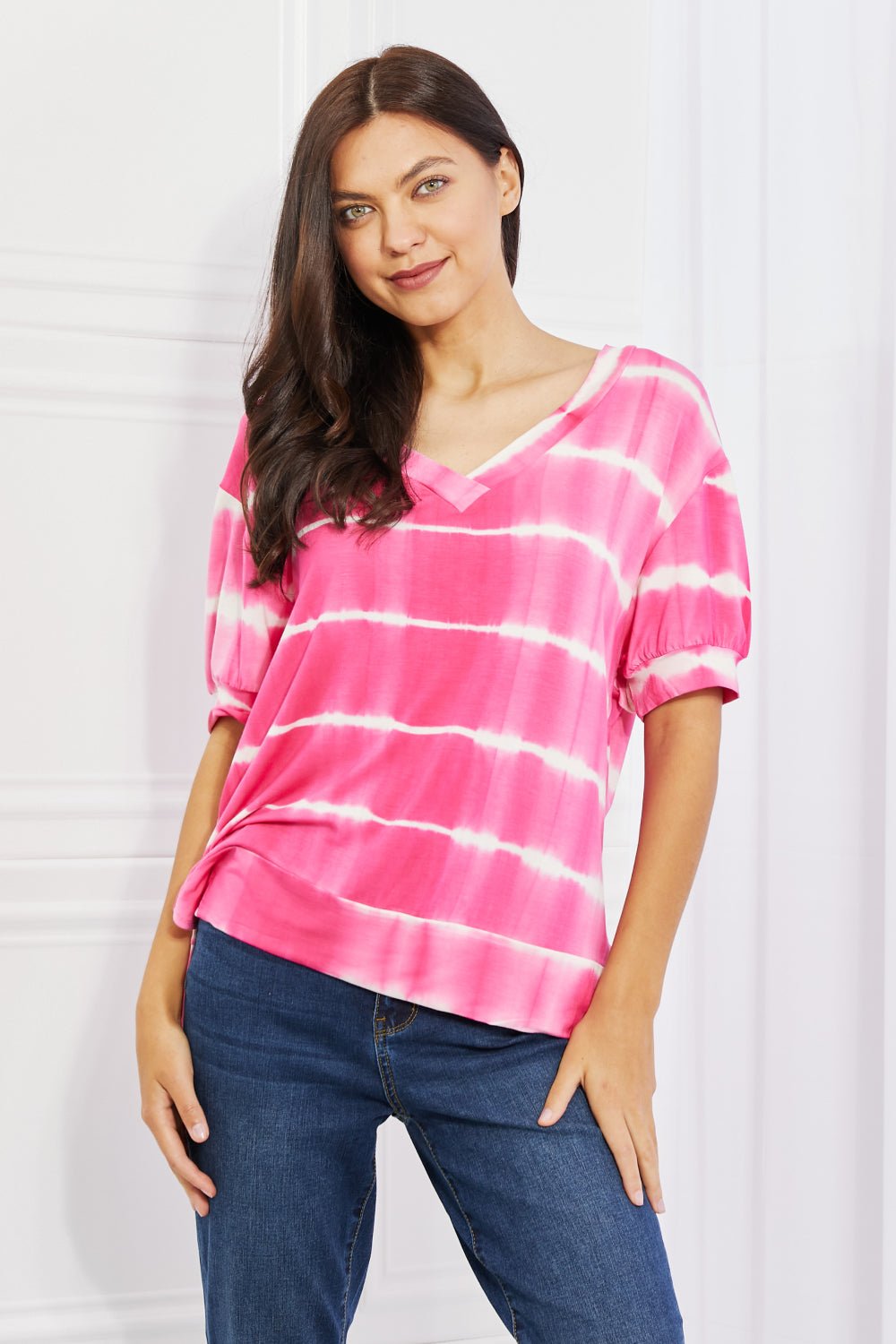 Yelete - Oversized Fit V - Neck Tie Dye Striped Top in Hot Pink