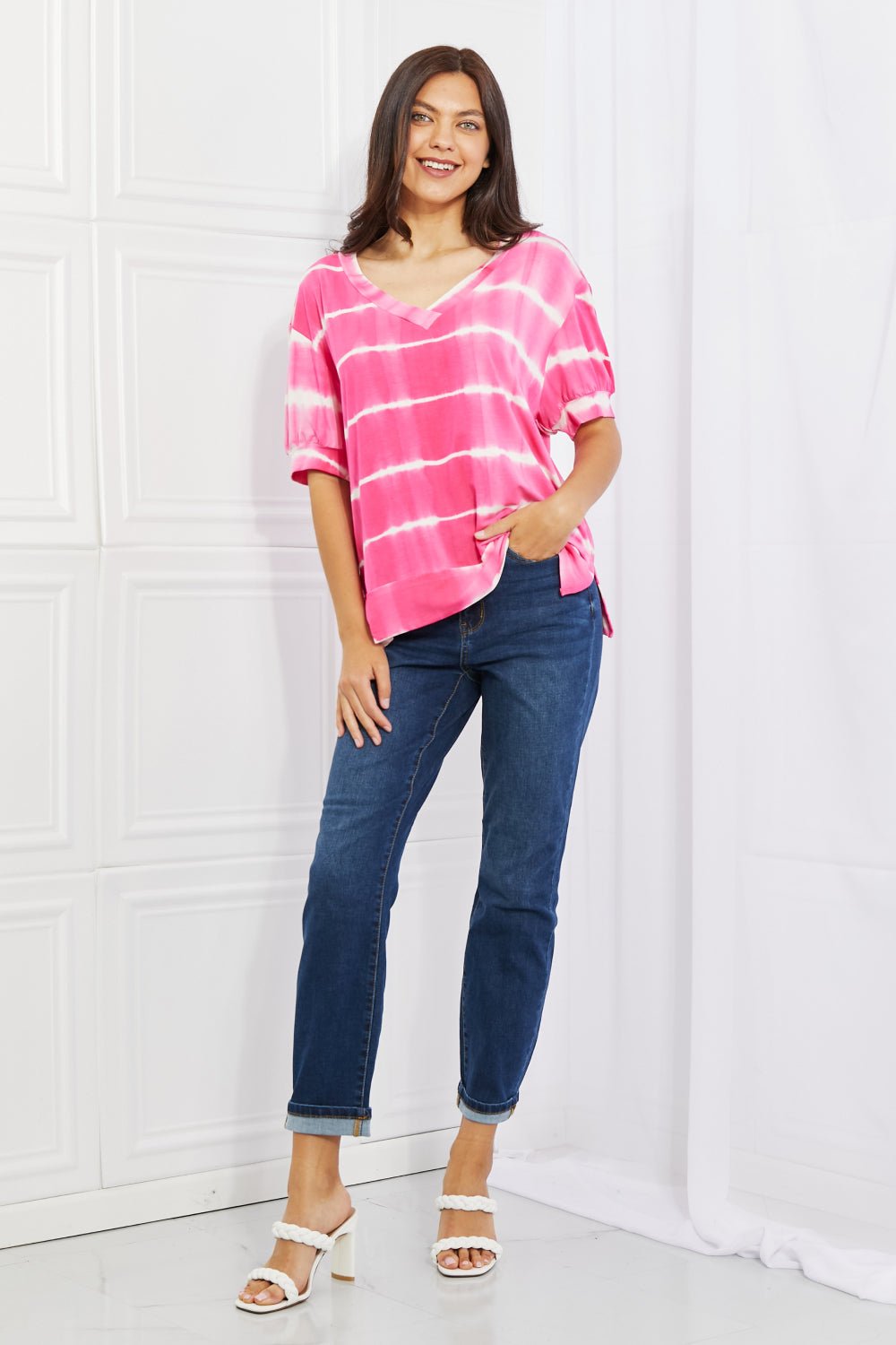 Yelete - Oversized Fit V - Neck Tie Dye Striped Top in Hot Pink