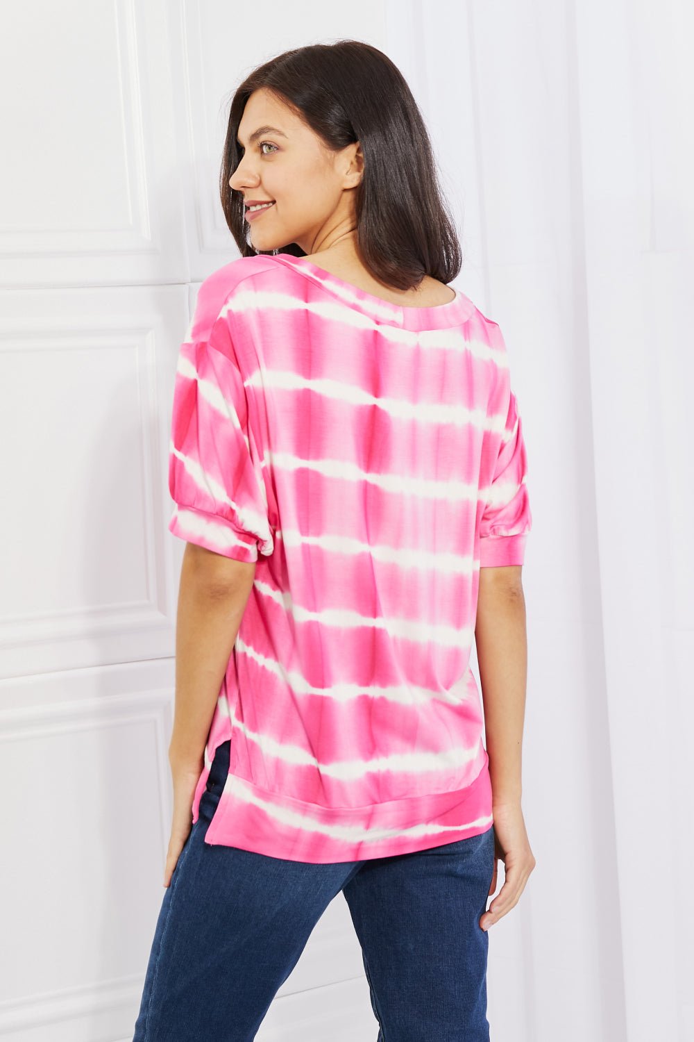 Yelete - Oversized Fit V - Neck Tie Dye Striped Top in Hot Pink