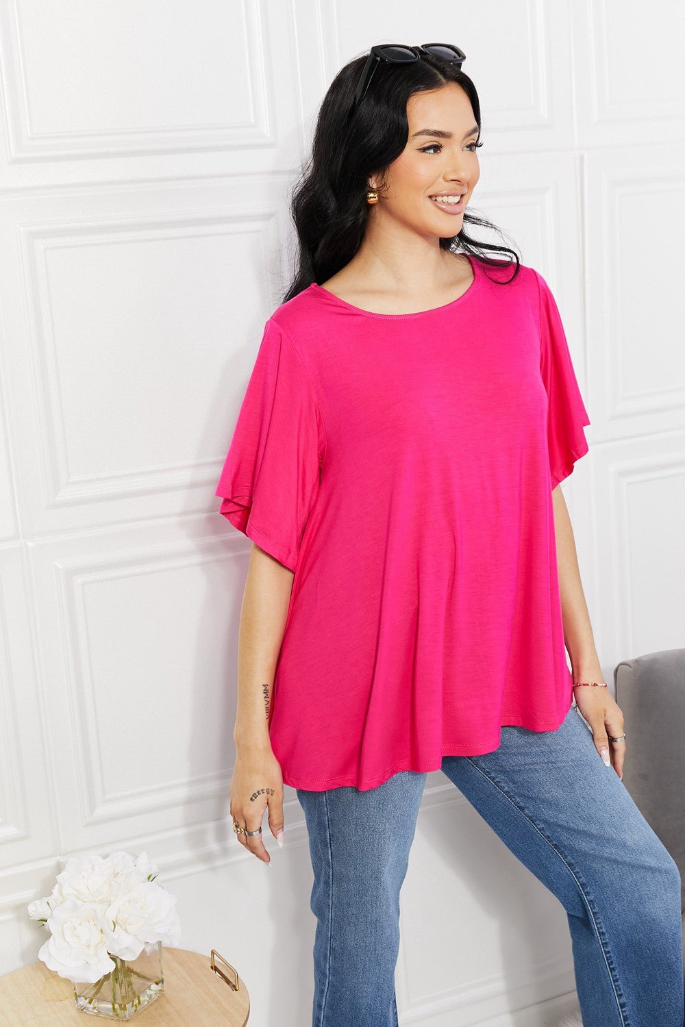 YeleteFlutter Sleeve Top in Hot Pink