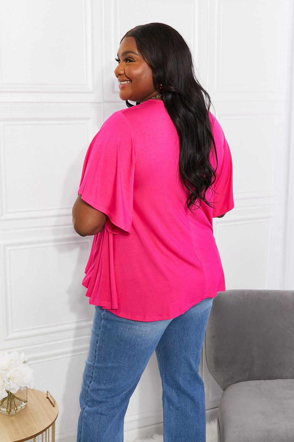 YeleteFlutter Sleeve Top in Hot Pink