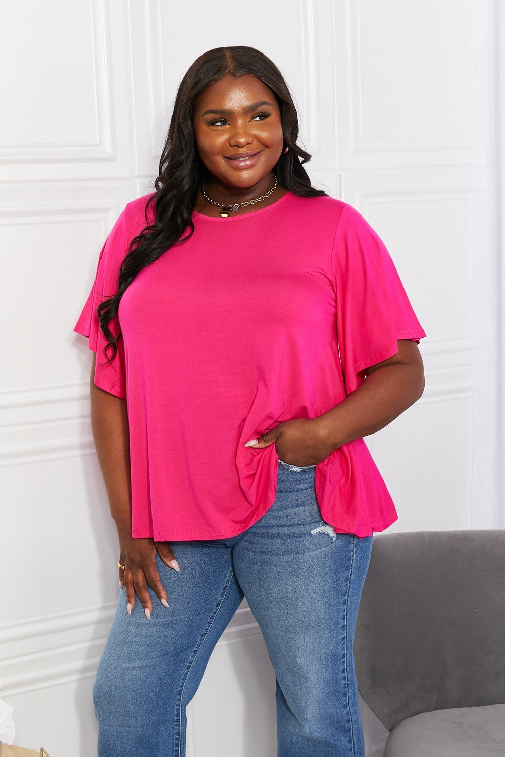 YeleteFlutter Sleeve Top in Hot Pink