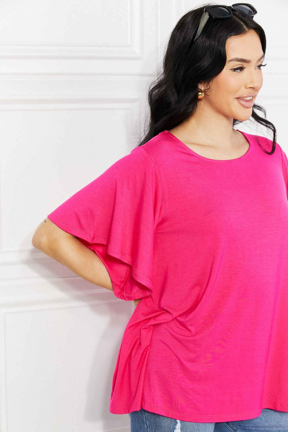 YeleteFlutter Sleeve Top in Hot Pink