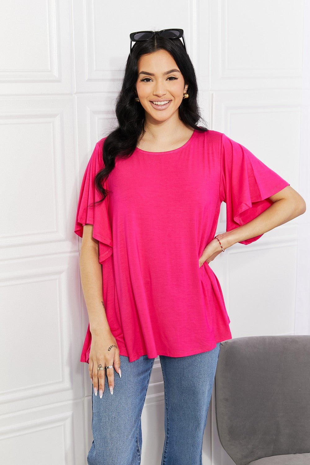 YeleteFlutter Sleeve Top in Hot Pink