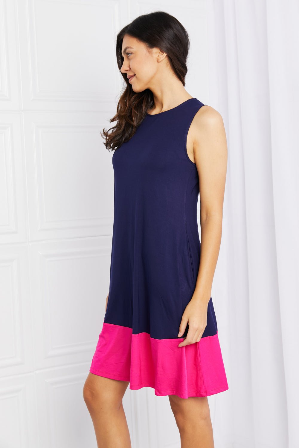 YeleteTwo - Tone Sleeveless Mini Dress with Pockets in Navy Fuchsia