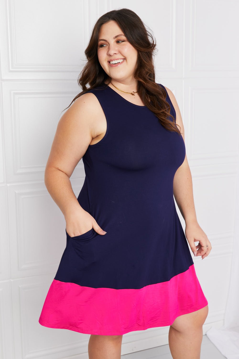 YeleteTwo - Tone Sleeveless Mini Dress with Pockets in Navy Fuchsia