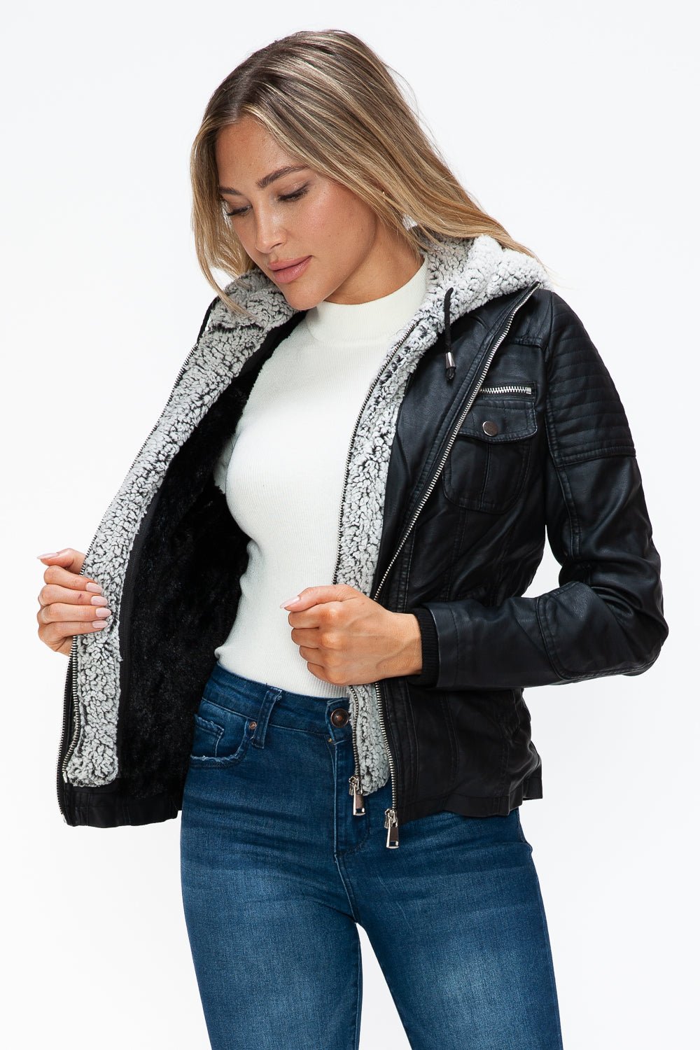 YMI - Black Multi - Pocket Vegan Leather Jacket