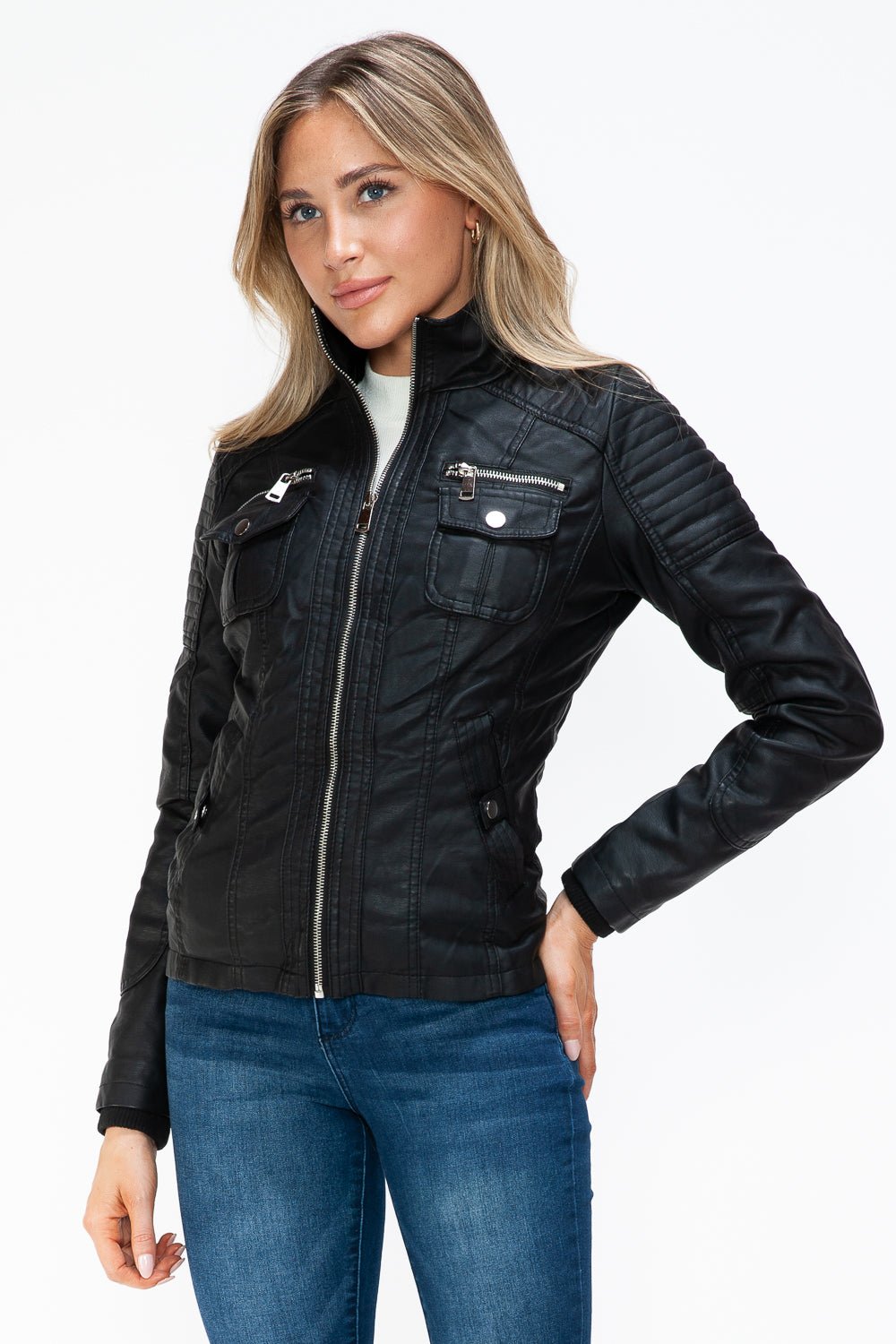 YMI - Black Multi - Pocket Vegan Leather Jacket