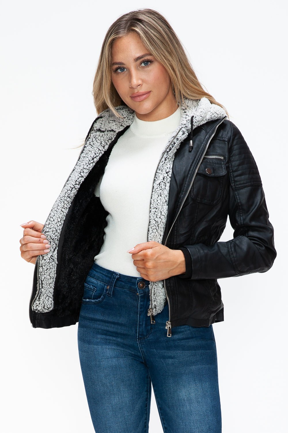 YMI - Black Multi - Pocket Vegan Leather Jacket