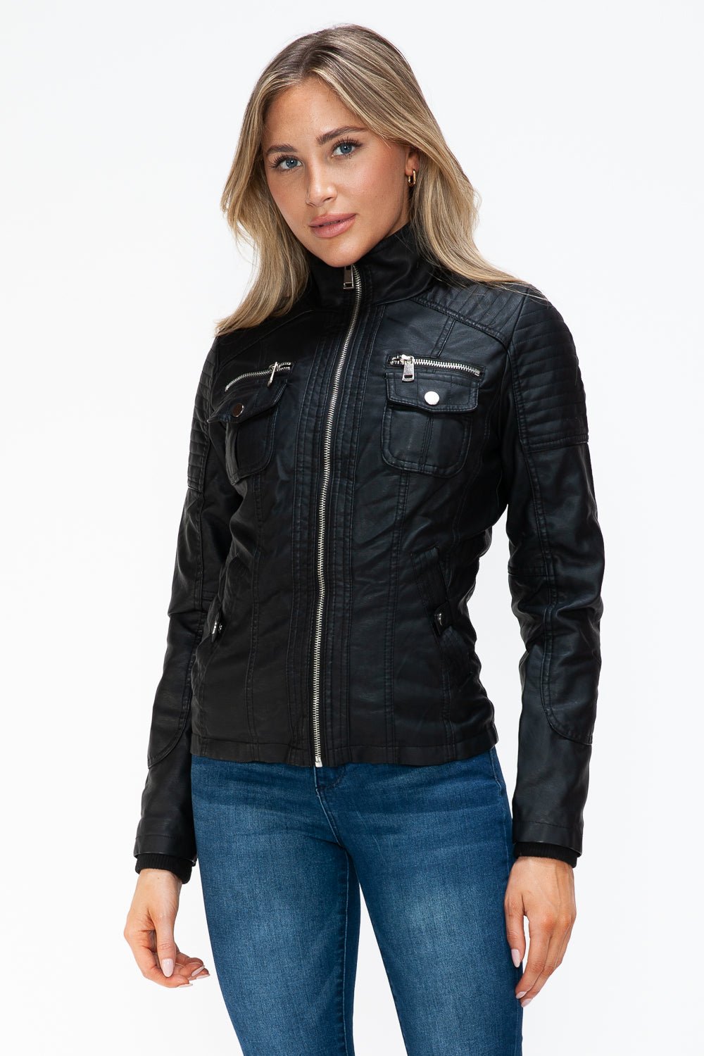 YMI - Black Multi - Pocket Vegan Leather Jacket