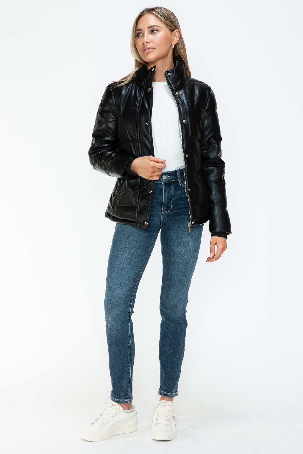 YMI - Black Vegan Leather High Collar Puffer Jacket