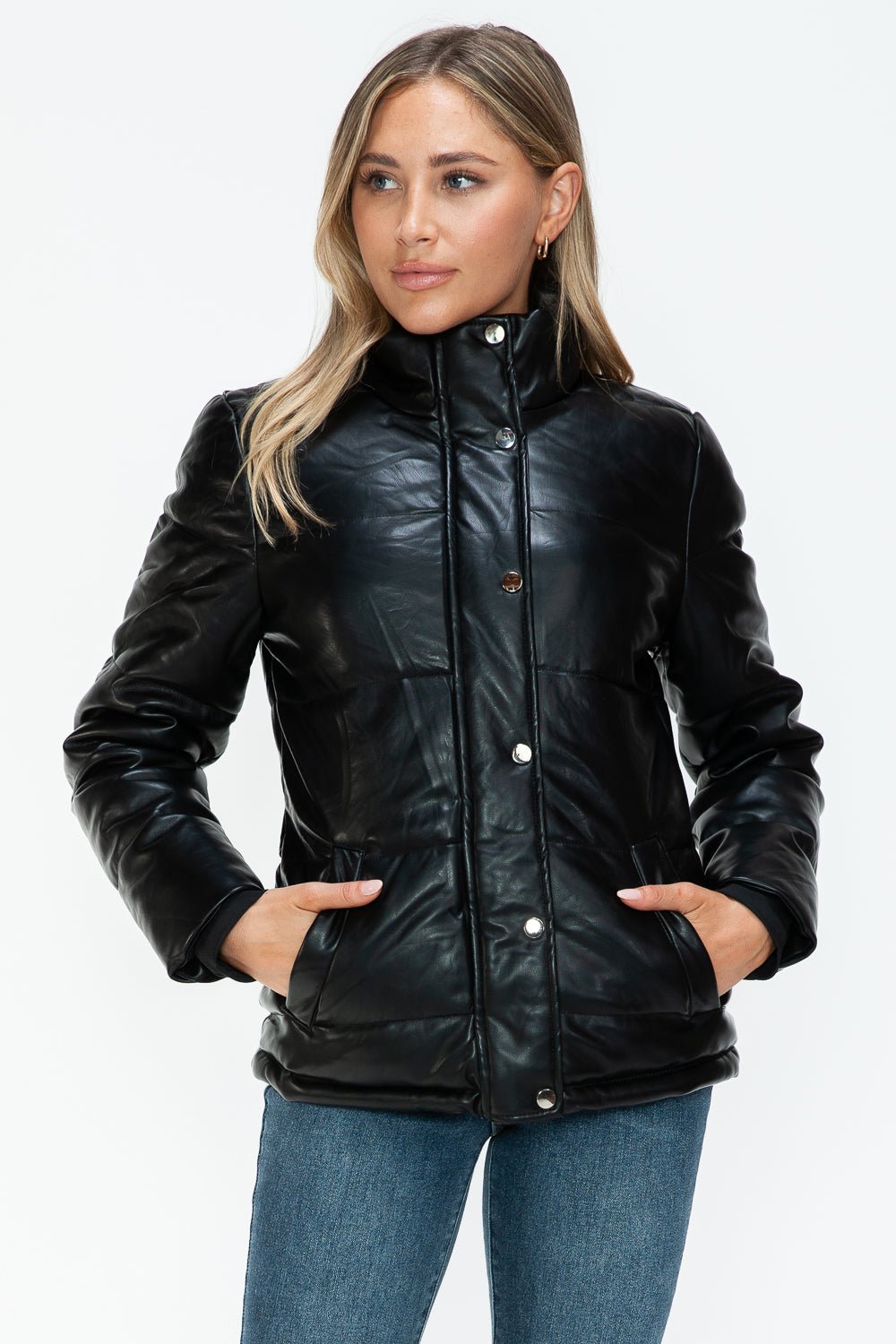 YMI - Black Vegan Leather High Collar Puffer Jacket