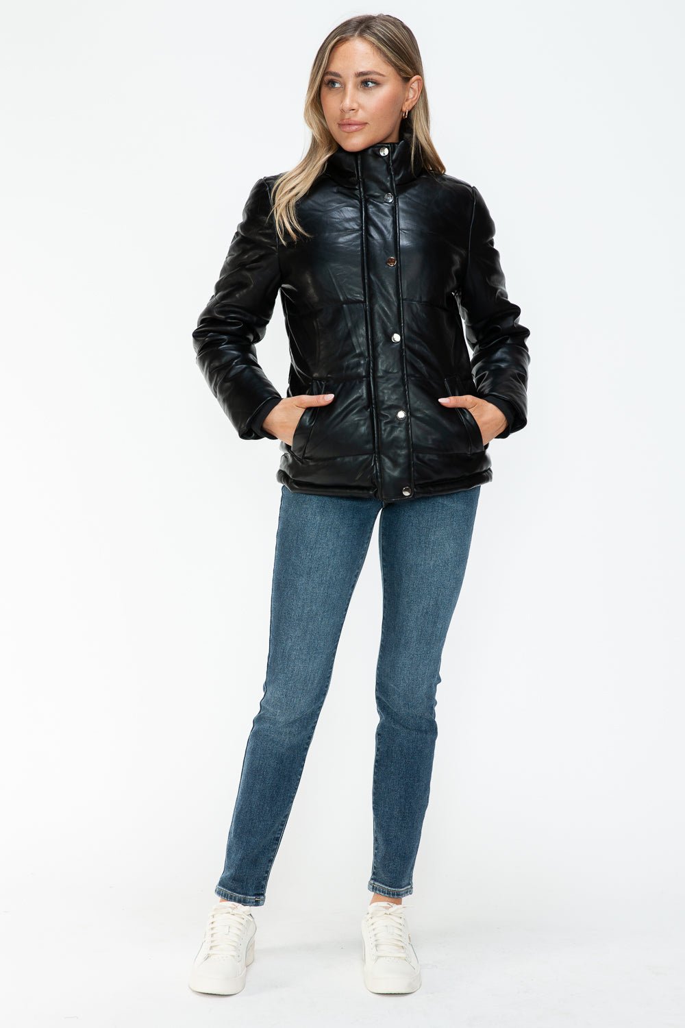 YMI - Black Vegan Leather High Collar Puffer Jacket