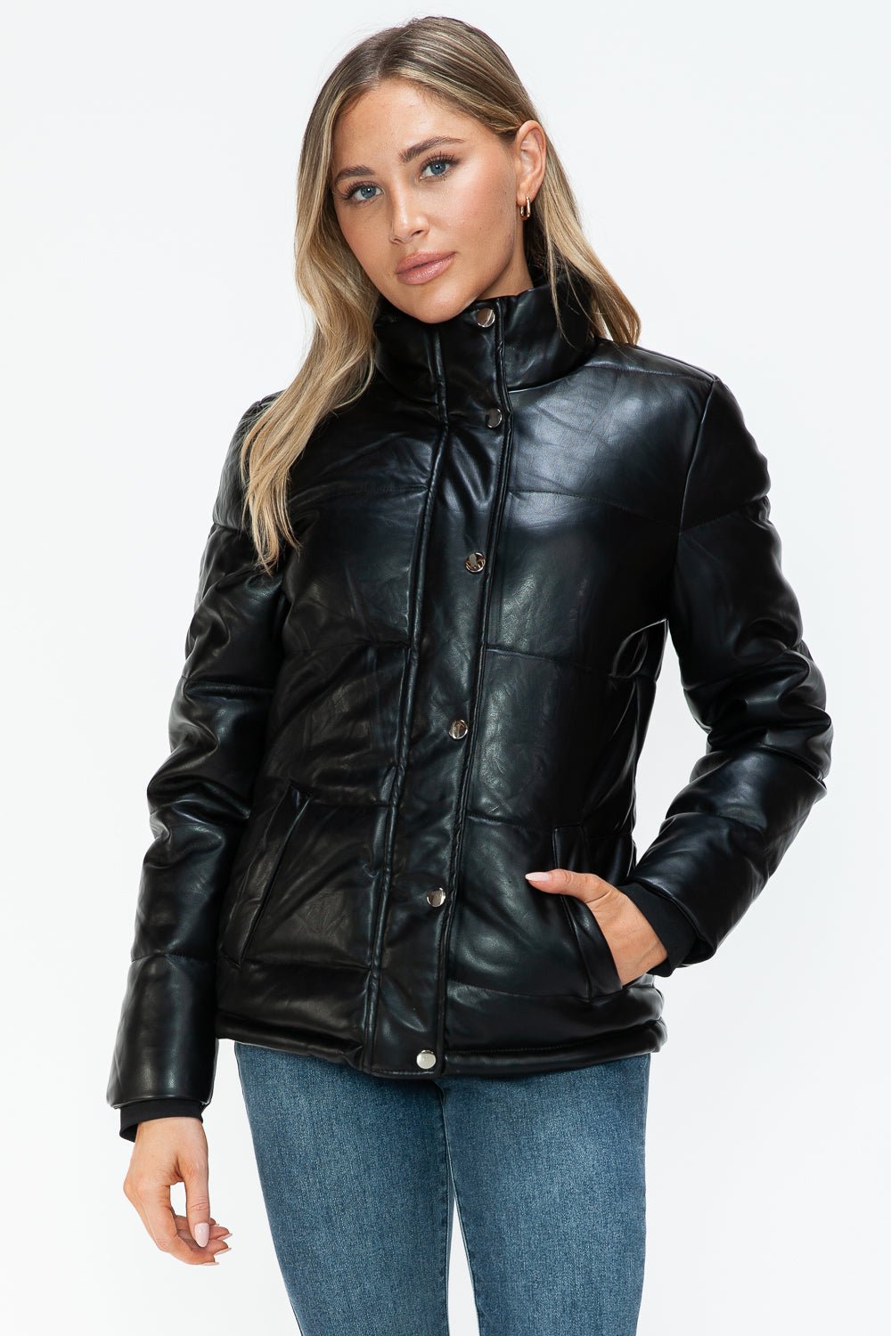 YMI - Black Vegan Leather High Collar Puffer Jacket