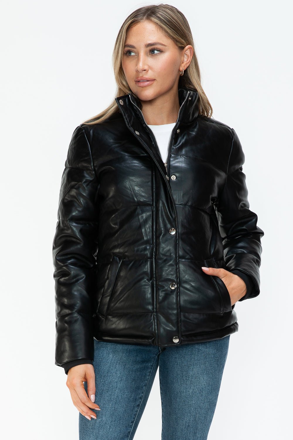 YMI - Black Vegan Leather High Collar Puffer Jacket