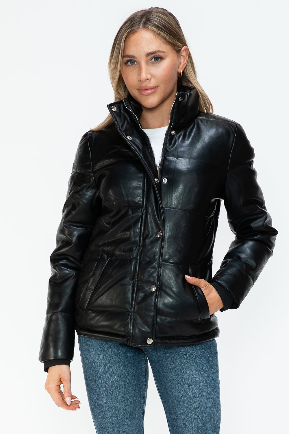 YMI - Black Vegan Leather High Collar Puffer Jacket