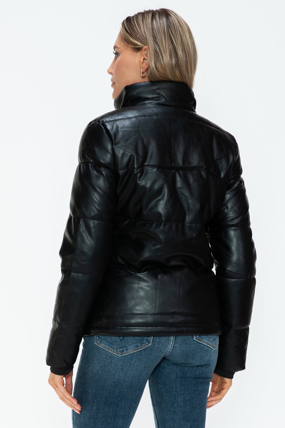 YMI - Black Vegan Leather High Collar Puffer Jacket