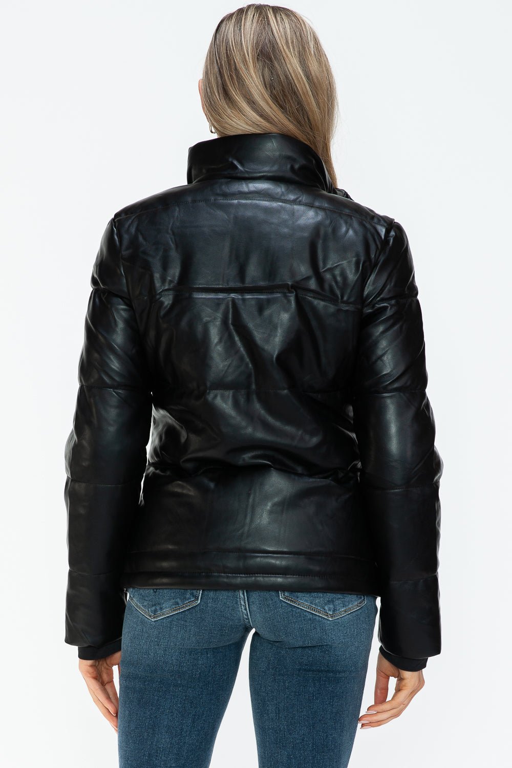 YMI - Black Vegan Leather High Collar Puffer Jacket